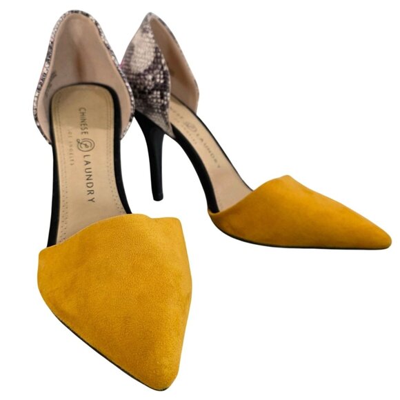 Chinese Laundry Womens 8M Pointed Toe DOrsay Heels Snakeskin & Mustard Yellow - Picture 1 of 8